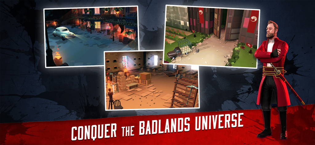 Badlands Blade Battle - Arte promocional para Badlands Blade Battle con lugares icónicos del juego y un personaje héroe con el texto Conquista el Universo de las Tierras Baldías.