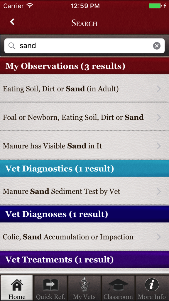 Horse Side Vet Guide - 馬の砂の摂取に関する観察結果と獣医学的診断の臨床カテゴリを表示するHorse Side Vet Guideアプリの検索画面