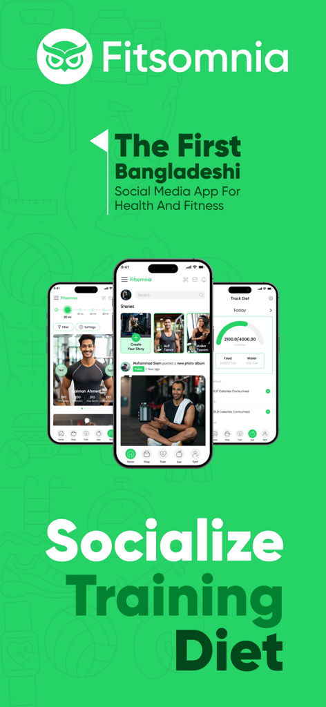 Fitsomnia: AI Fitness App - Fitsomnia mobile App-Oberfläche, die Social Networking, Fitnesstraining und Diätverfolgung auf drei Smartphone-Bildschirmen anzeigt