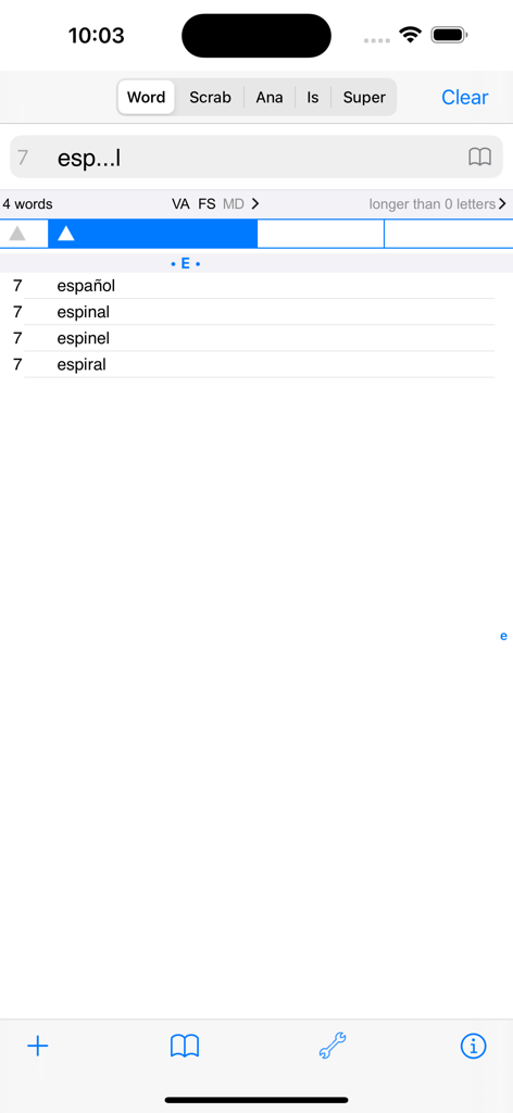Español Words Finder PRO - Interface of the Español Words Finder PRO app displaying search results for words starting with esp and ending with l including espanol and espinal
