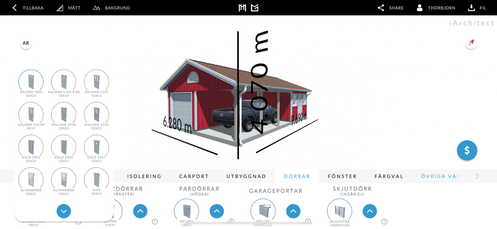iArchitect - iArchitect app interface showing a 3D design of a red garage with an attached carport and building dimensions