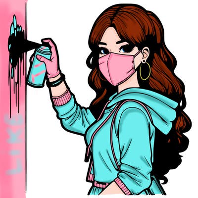 realistic girl with mask spray painting a wall