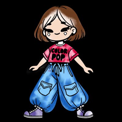 an easy girl with baggy pants and a shirt that says color pop