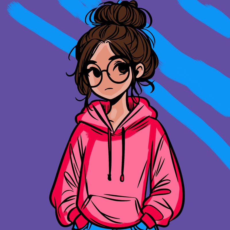 teen girl with a messy bun and glasses wearing a loose hoodie and jeans