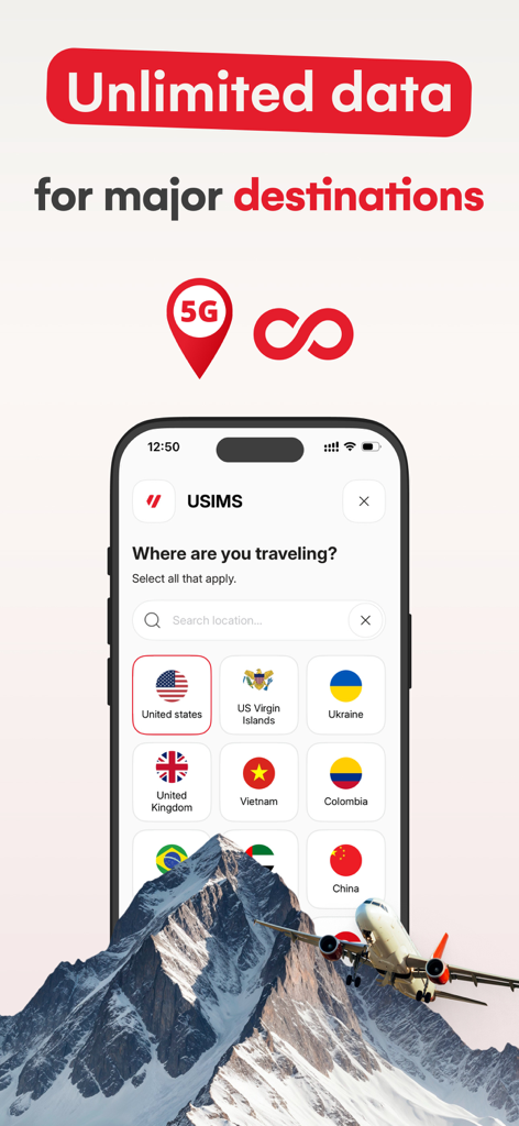 eSIM Travel SIM card: USIMS - Interface do aplicativo USIMS exibindo dados 5G ilimitados para destinos de viagem globais.