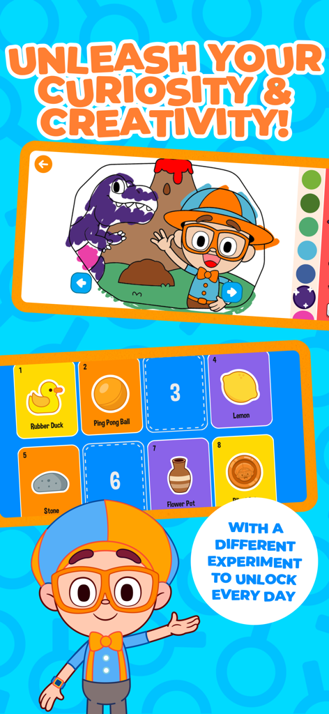 Blippi's Curiosity Club - La aplicación Blippi Curiosity Club presenta colorear dinosaurios y experimentos científicos diarios para niños
