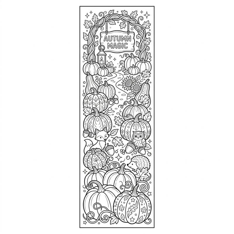 Celebrate the cozy spirit of autumn with this delightful coloring bookmark, featuring a charming pumpkin patch overflowing with seasonal wonders. Intricate details of pumpkins, woodland friends, and fall foliage invite you to bring this whimsical scene to life with your favorite colors.