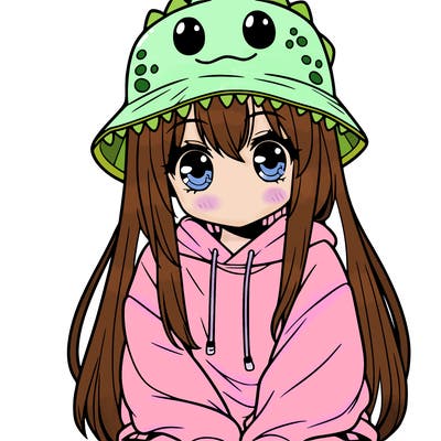 girl with anime shaped eyes with a dinosaur bucket hat oversized sweatshirt long straight hair