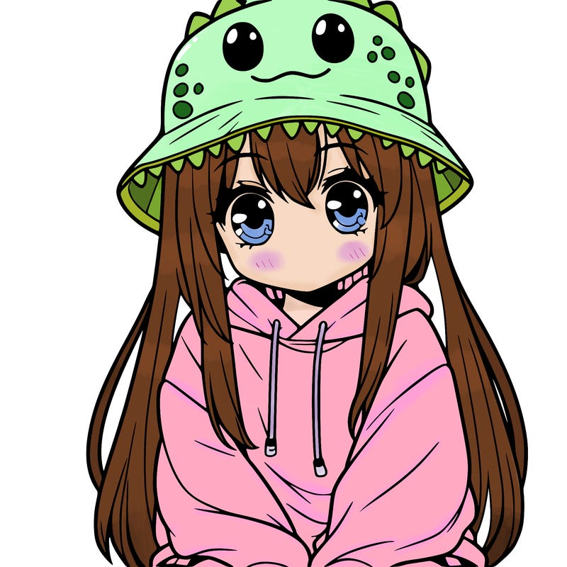 girl with anime shaped eyes with a dinosaur bucket hat oversized sweatshirt long straight hair