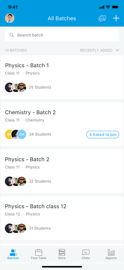Classplus app screen displaying a list of student batches for Physics and Chemistry classes