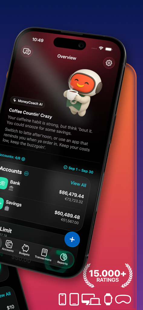 MoneyCoach app overview screen on iPhone featuring AI financial insights and account balances