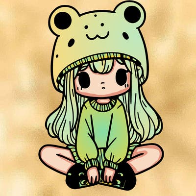 a girl wearing a frog hat and some frog socks