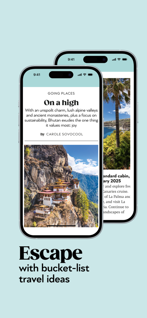 Aplicación móvil Saga Magazine que muestra ideas de viaje y artículos de destinos