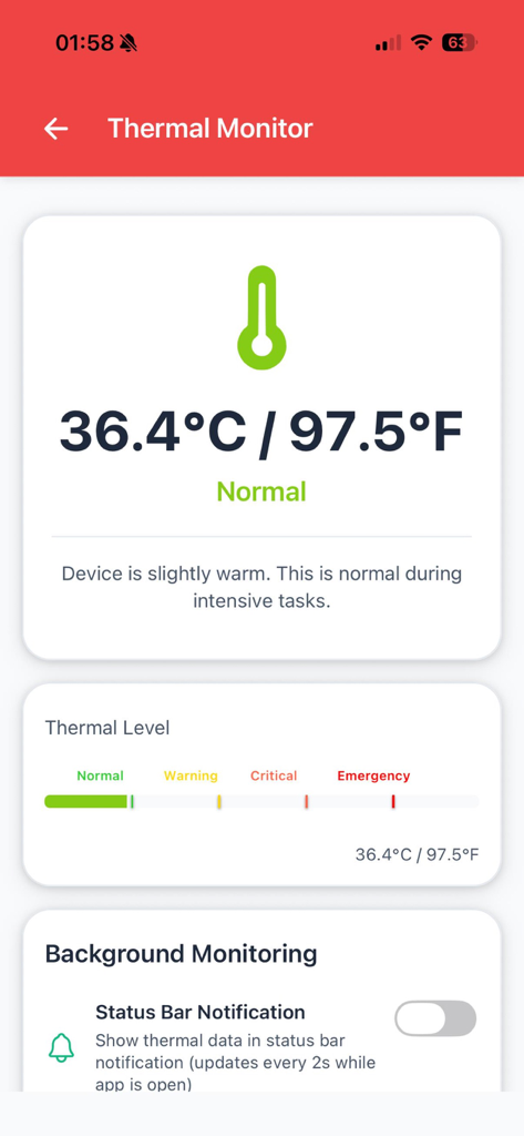 Phone Temperature - Interface of the Phone Temperature app showing a device temperature of 36.4 Celsius and a normal thermal state level