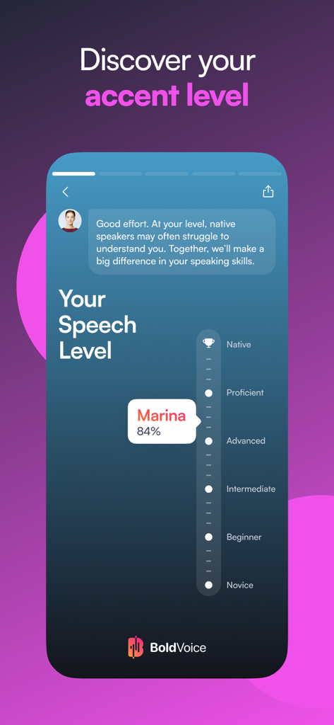 BoldVoice: Accent Training - BoldVoice app screen showing a speech level assessment scale from novice to native