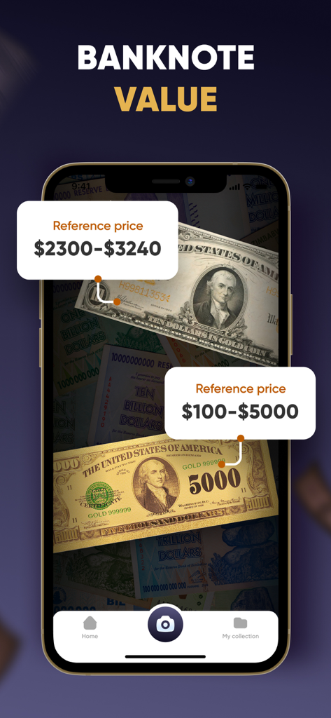 Banknote ID: Note Identifier - Screenshot der Banknote ID App, die geschätzte Marktwerte und Referenzpreise für seltene Papierwährungen über eine Smartphone-Kamera anzeigt.