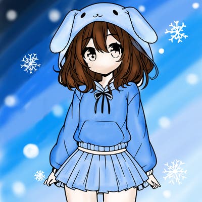 pretty anime girl wearing a fluffy hoodie with bunny ears on the hood and a skirt