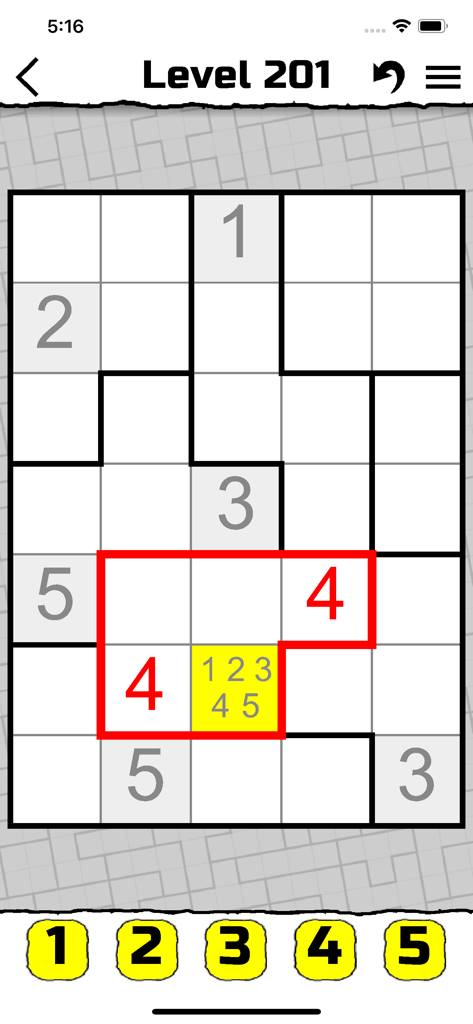 Suguru - A Suguru logic puzzle grid with numbers and highlighted cells on Level 201