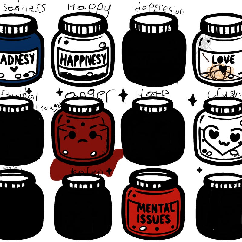 10 jars  medium with feeling lables. feelings are sad,happy,love,anger,jealousy,mental issues,depression,anxiety, scared
