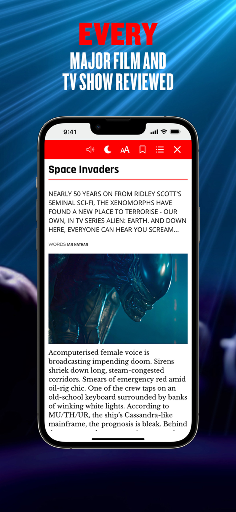 Empire Magazine - Smartphone-Bildschirm, der die Empire Magazine App mit einem Artikel über die TV-Serie Alien Earth inklusive eines Bildes eines Xenomorphs anzeigt.