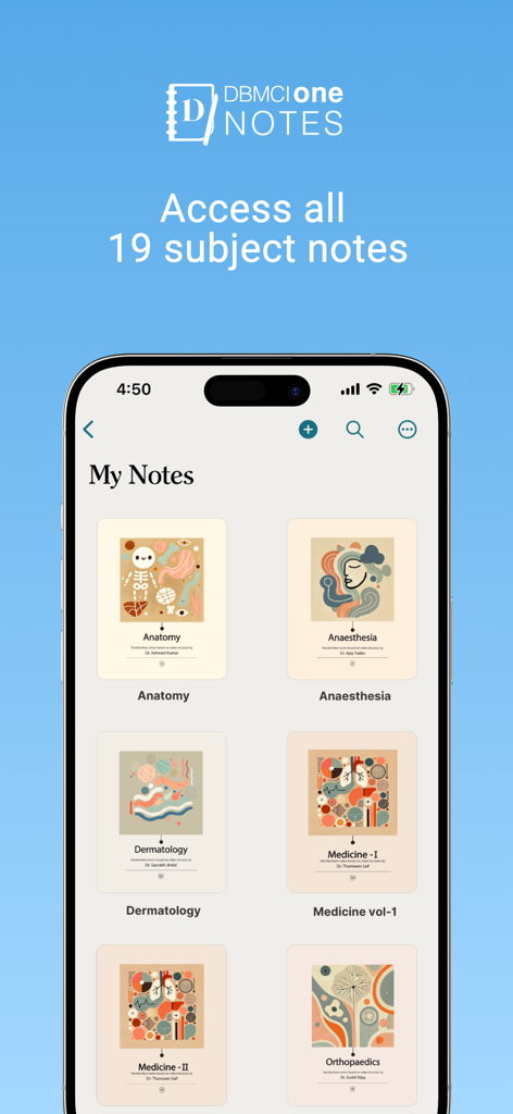 DBMCI One Notes: NEET PG, FMGE - Screenshot of DBMCI One Notes app displaying a library of medical subject notes including Anatomy and Medicine.