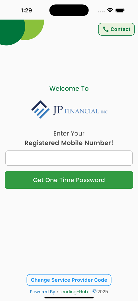 Lending-Hub - Welcome screen of Lending Hub app asking for a registered mobile number to get a one time password