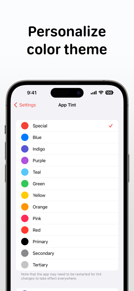 iPhone screenshot of the Tally app settings page showing a list of various color tint options for personalizing the user interface