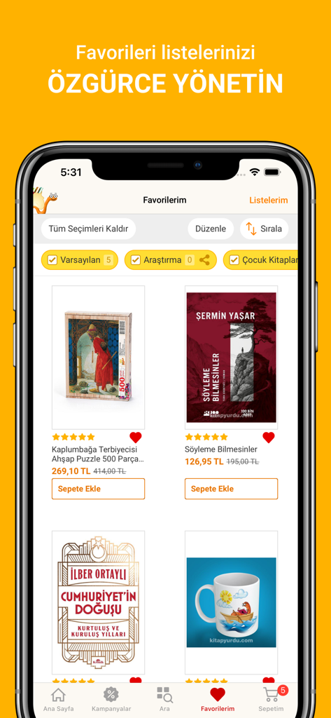 Kitapyurdu - Interface do aplicativo Kitapyurdu mostrando a lista de favoritos de um usuário com livros e quebra-cabeças turcos