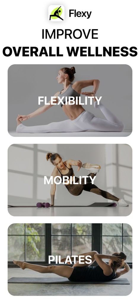 Flexy: Stretch & Flexibility - Promotion of Flexy app highlighting flexibility mobility and pilates categories to improve overall wellness