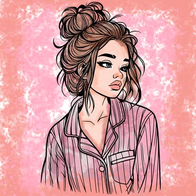 realistic woman with pajamas on and a messy bun