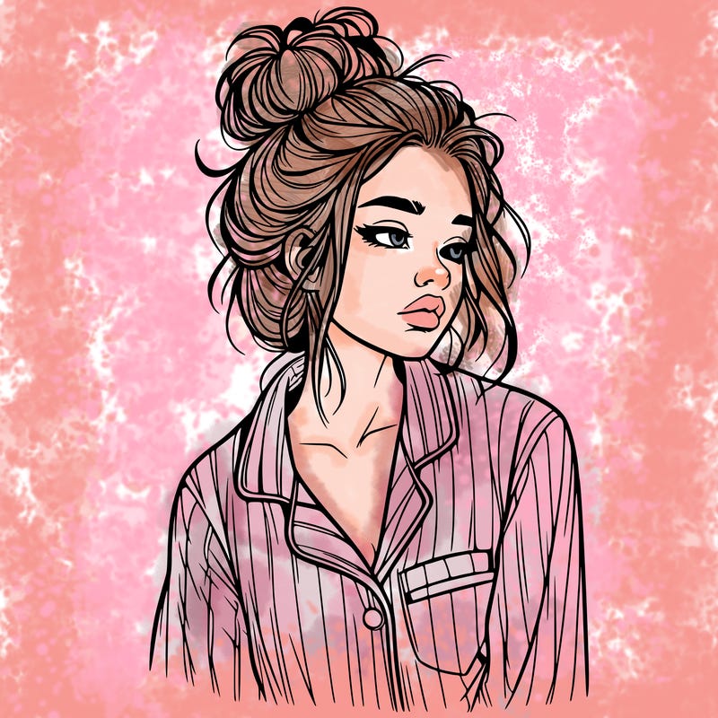 realistic woman with pajamas on and a messy bun