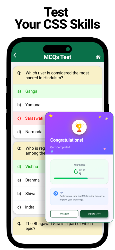 CSS Factory: Exam Preparation - A screenshot of the CSS Factory app displaying an interactive multiple choice exam with a quiz completion score of six out of nine.