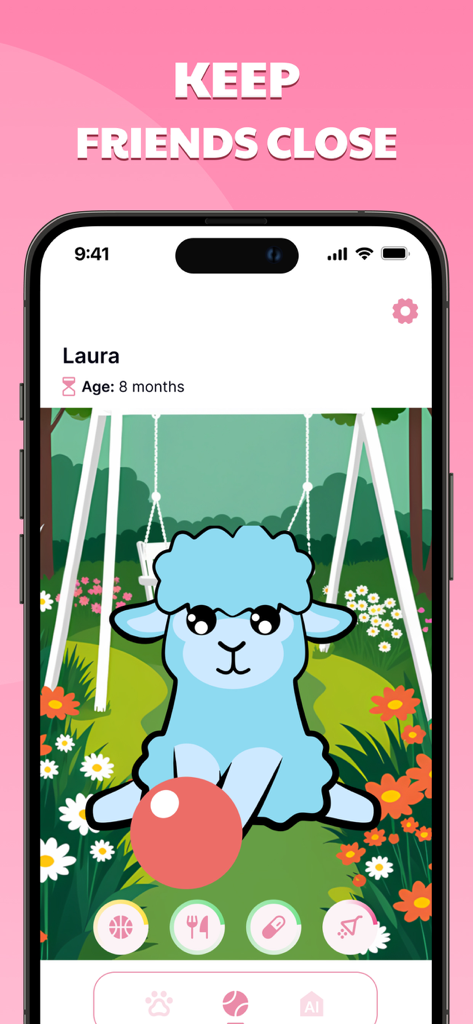 Raise Virtual Pets: Widgets - A blue virtual sheep pet interface on a mobile phone showing game play options