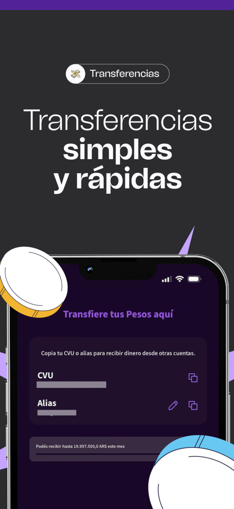 LB Finanzas: billetera virtual - Pantalla de la app móvil LB Finanzas para transferencias de dinero sencillas y rápidas mostrando detalles de CVU y Alias