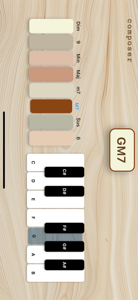 composer - Composer music app interface showing a GM7 chord being played on a virtual piano with various chord modifier buttons