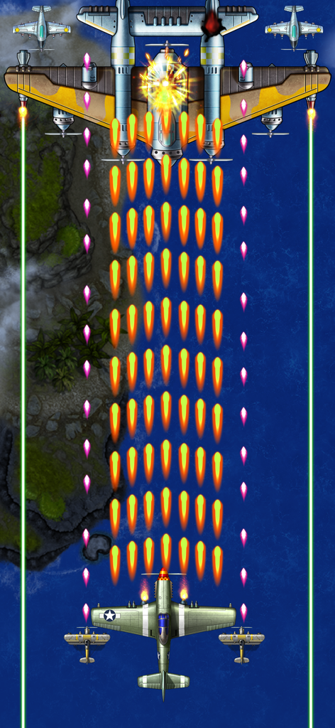 1941 AirAttack: Airplane Game - Un avión de combate de la Segunda Guerra Mundial participando en una batalla contra un jefe con intensa lucha aérea sobre el océano en 1941 AirAttack.