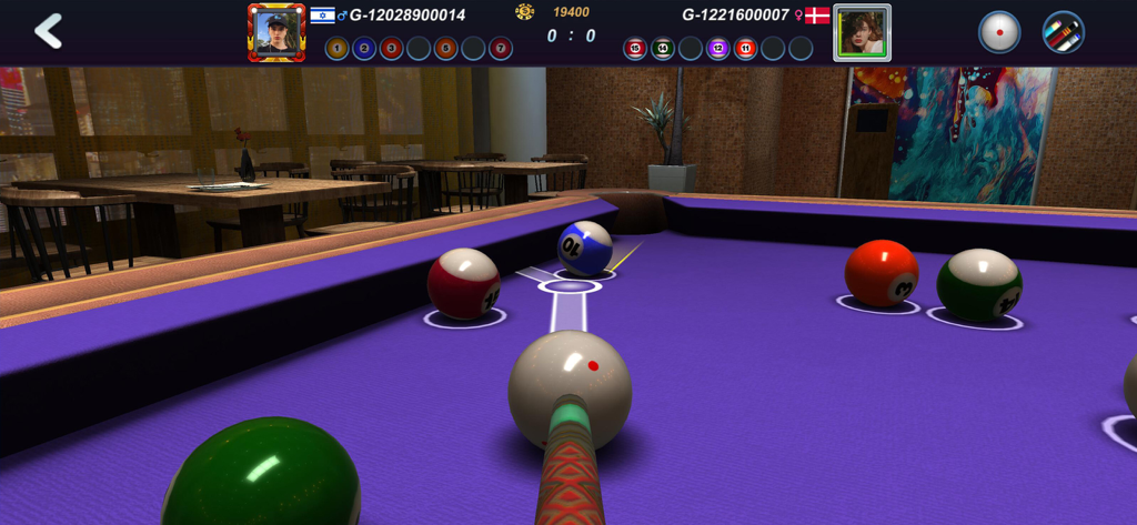 First person perspective of a purple pool table in Real Pool 3D 2