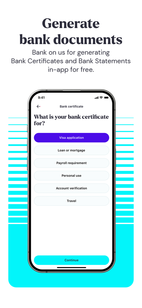 GoTyme Bank - GoTyme Bank app screen for generating free bank certificates and statements