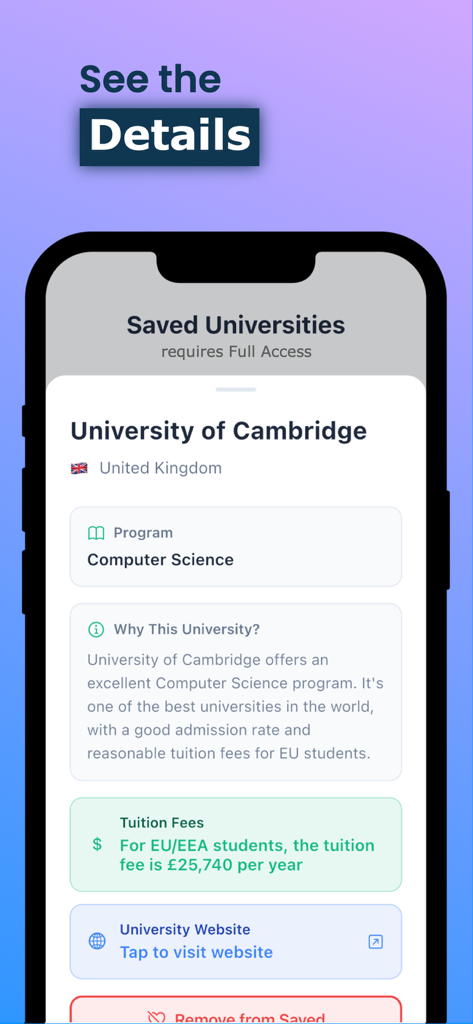 Detailed view of the University of Cambridge in the Penguni app showing program and tuition information.