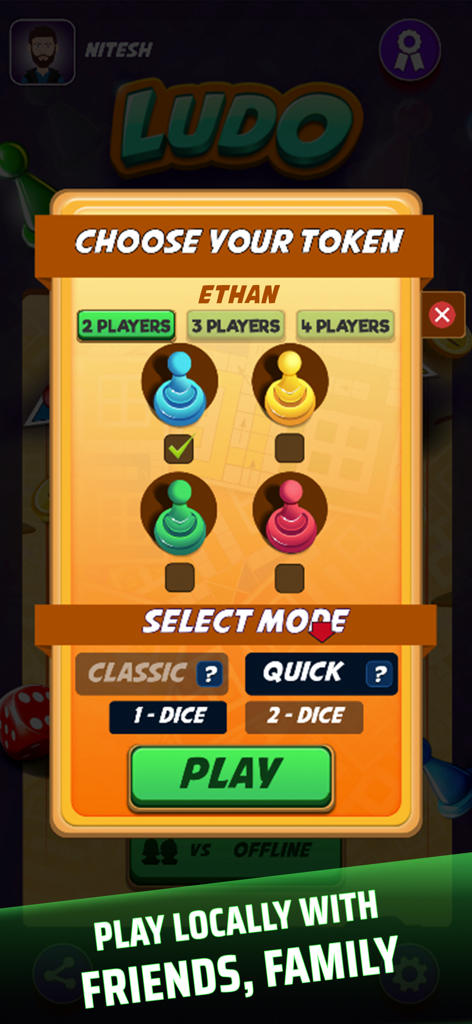 Ludo Classic Game - A setup screen for Ludo Classic Game showing options to choose a token color and select game modes for local multiplayer