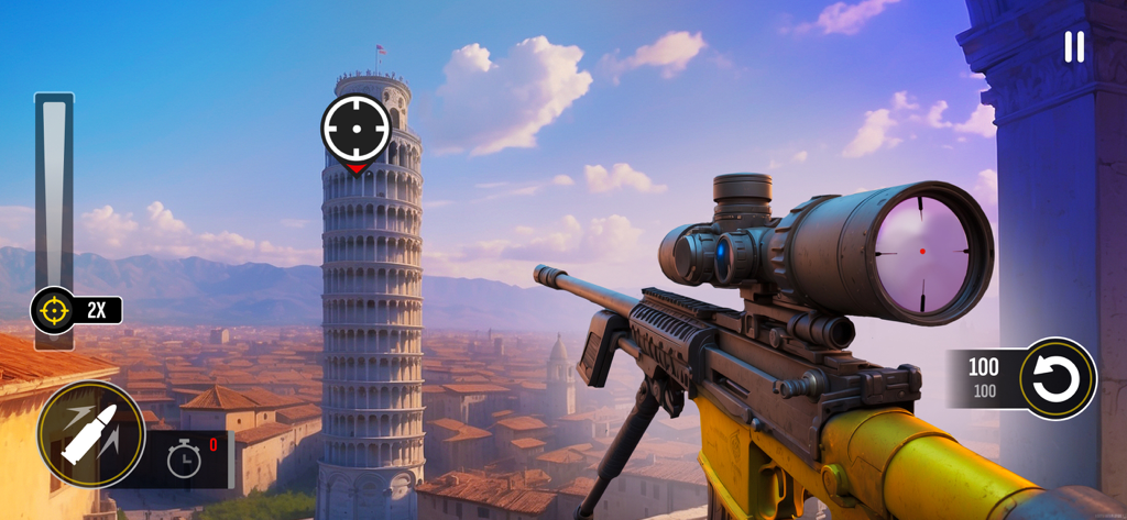 Vista en primera persona de un rifle de francotirador apuntando a la Torre Inclinada de Pisa en un juego 3D