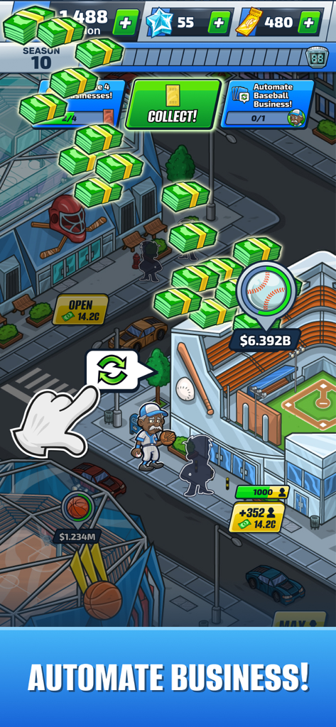 Gameplay of Idle Sports Tycoon showing the automate business feature at a baseball stadium