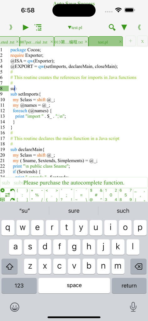 Perl IDE Fresh Edition - Perl IDE Fresh Edition mobile interface showing Perl code with syntax highlighting on an iPhone
