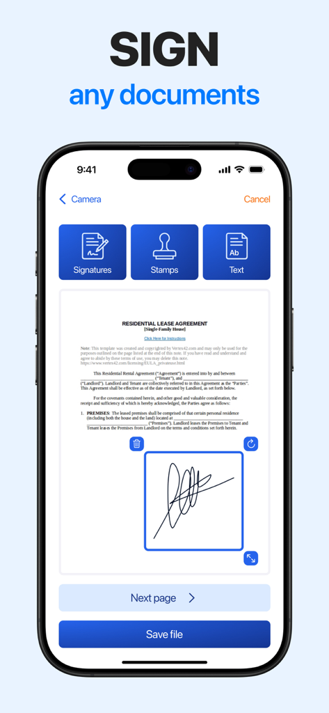eSign — Fill & Sign Documents - Pantalla de smartphone mostrando la interfaz de la aplicación eSign para añadir una firma digital a un contrato de arrendamiento.