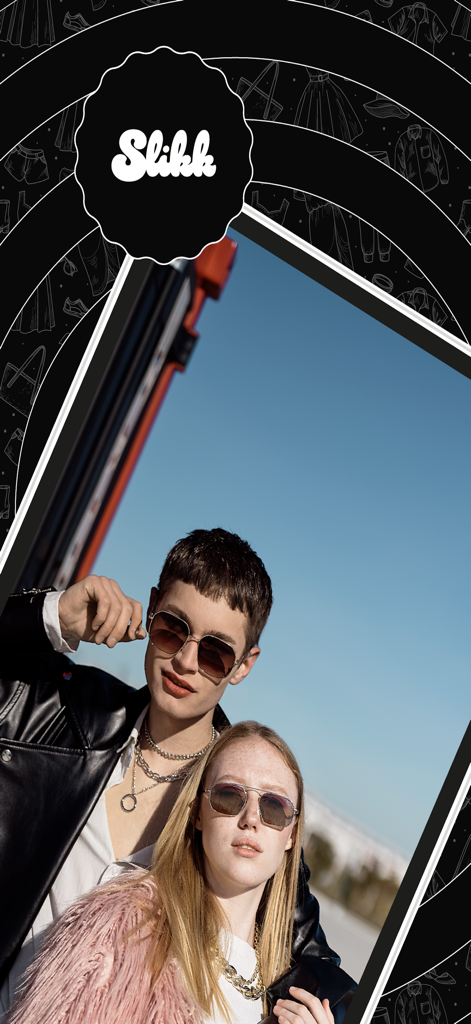 Dos jóvenes de moda vistiendo atuendos elegantes y gafas de sol para la aplicación de moda Slikk