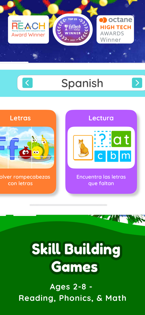 Shoonya Kids app interface showing Spanish language literacy and reading games for children aged 2 to 8.