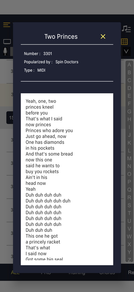 Smartphone screen showing karaoke lyrics for Two Princes by Spin Doctors in the PlatinumLink app.