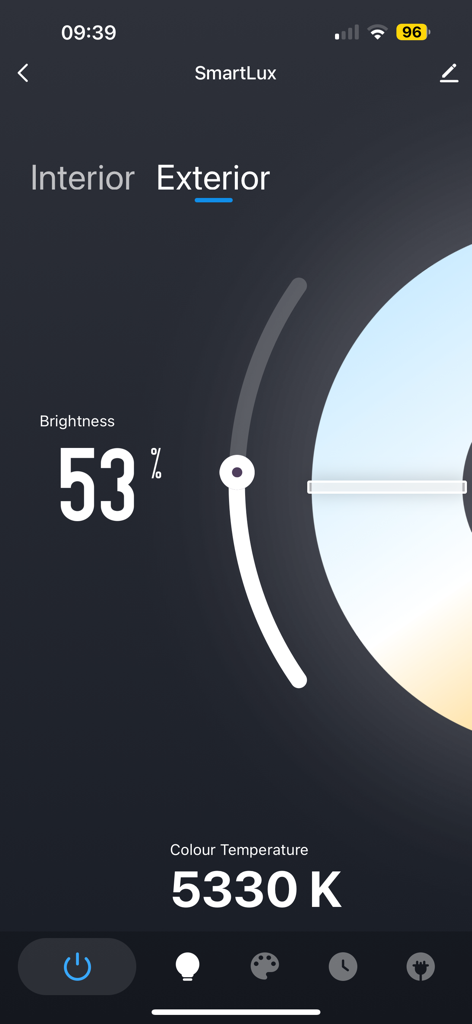Pirnar app SmartLux interface for adjusting door lighting brightness and color temperature.