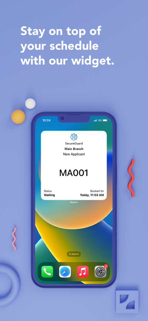 Skiplino - Smartphone home screen showing a Skiplino widget with a booked queue ticket