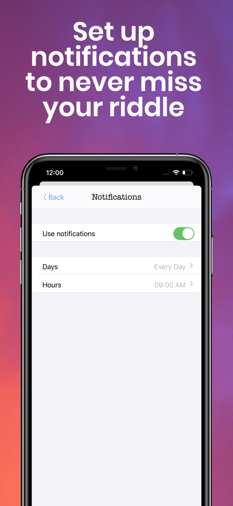 Riddles — One riddle a day - Notification settings screen in the Riddles app showing options for daily reminders